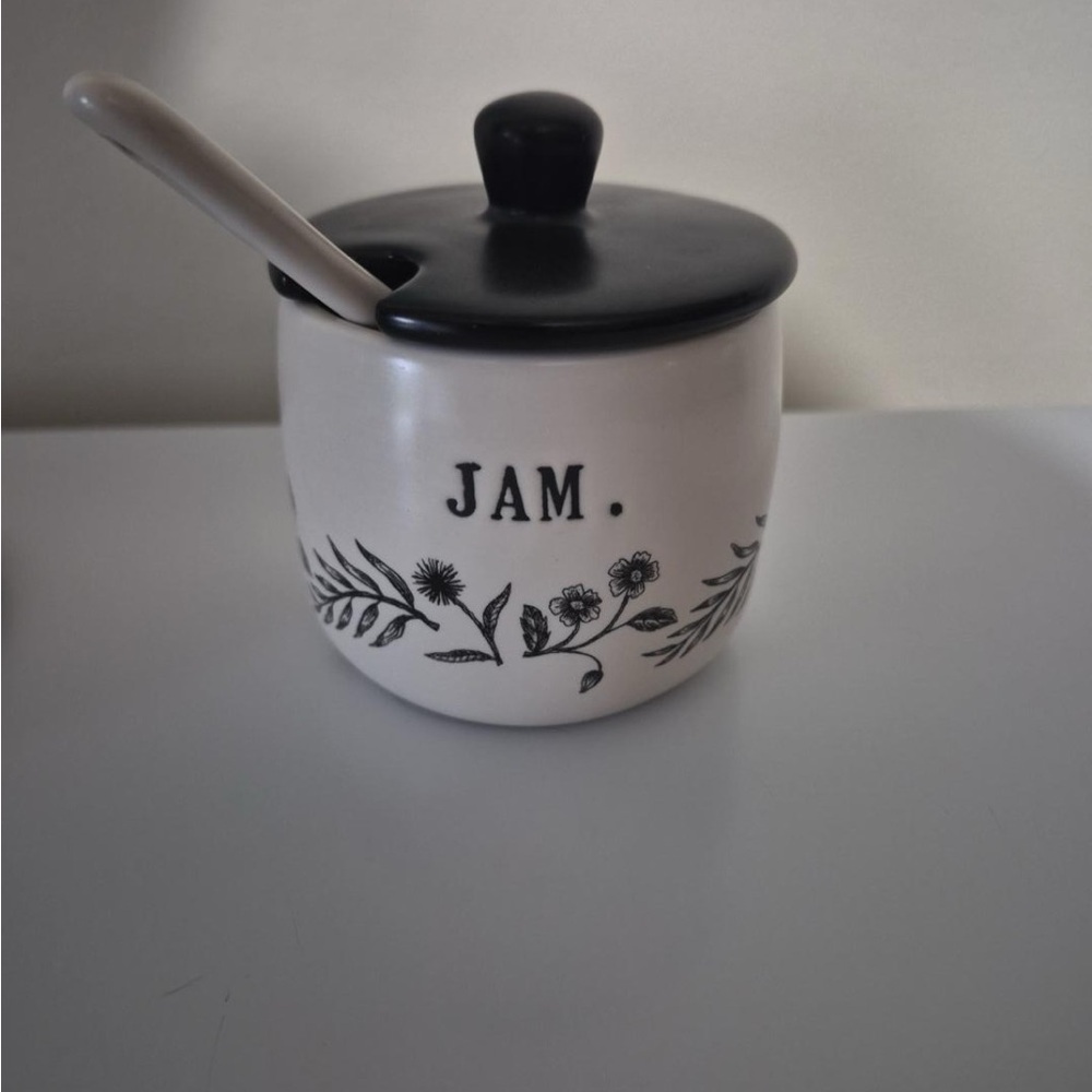 Rae Dunn Black & Cream Floral JAM Jar with Spoon